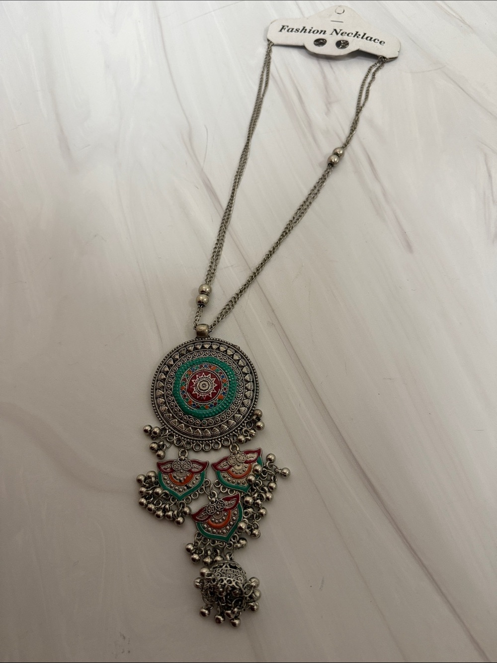 Bohemian Silver-Tone Pendant Necklace with Green and Red Enamel